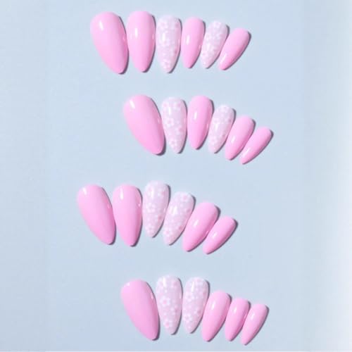 Pink Press on Nails Medium Almond Fake Nails with Flower Design 24 Pcs