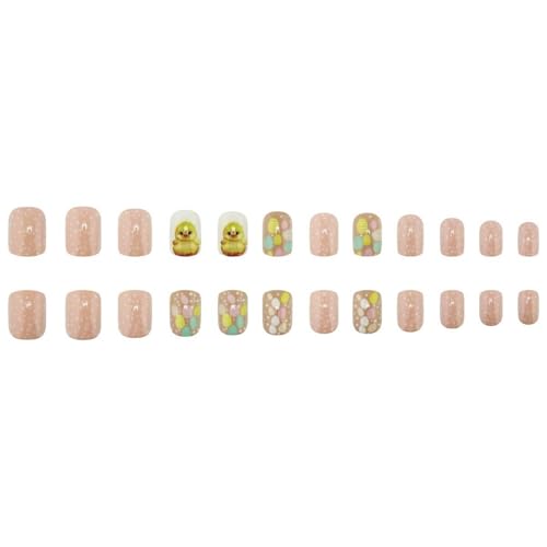 Easter Press on Nails Short Square Pink Fake Nails with Polka Dots 24 Pcs