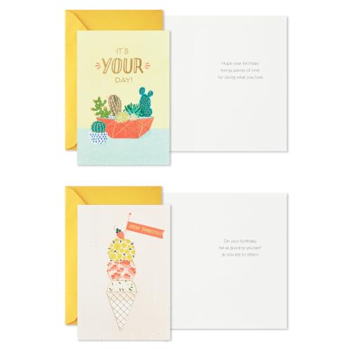 Hallmark Assorted Birthday Cards for Her - French Bulldog, Cactus, Bicycle, Ice Cream - 16 Pack