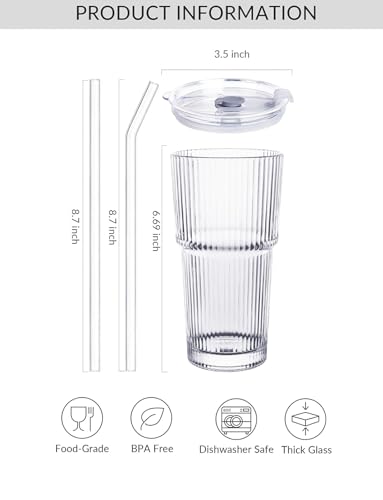 20oz Ribbed Glass Tumblers with Lids & Straws – Clear Ribbed