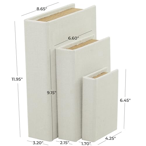 Deco 79 Linen Fabric Decorative Box Faux Storage Book Book Shaped Boxes, Set of 3 Decorative Keepsake Boxes 12", 9", 6"H, White