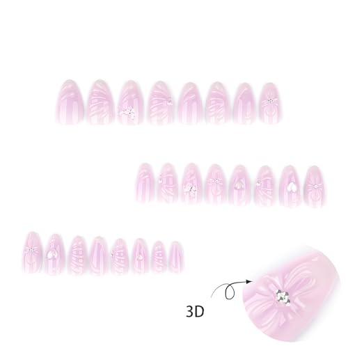 Purple 3D Flower Press On Nails Medium Almond Heart Butterfly False Acrylic Nails Set
