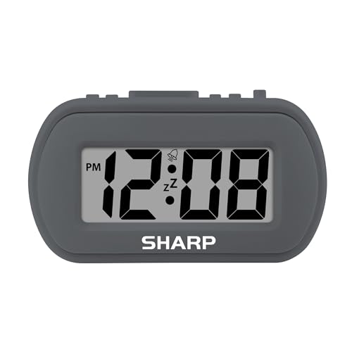 Sharp Digital Alarm Clock, Battery Operated with Backlight, Charcoal Black