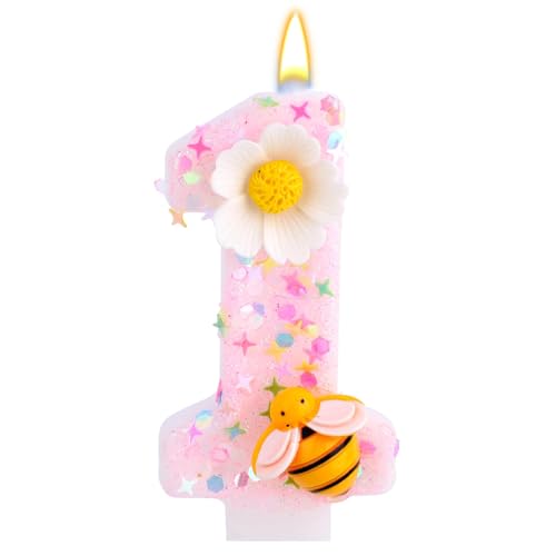 1st Birthday Candle - Shiny Pink Flower Bee Number One Cake Topper (Style 1)