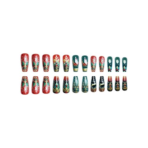 SEENEEY Red and Green Coffin Press on Nails with Gold Charms 24pcs