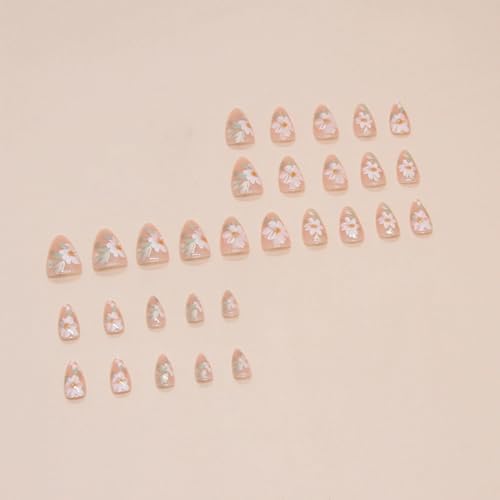 Short Almond Press on Nails with Fresh Floral Design Glossy Acrylic Fake Nails 30pcs