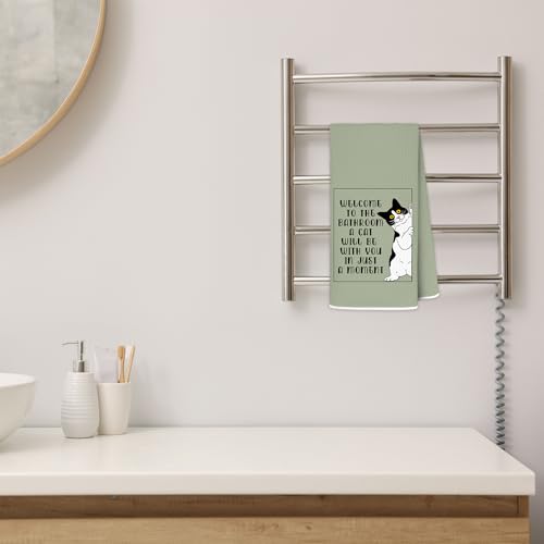 Tuxedo Cat Bathroom Hand Towel 16x24 Sage Green Decorative