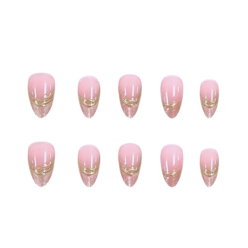Gold French Press on Nails Short Almond False Nails with 3D Gilded Line Design