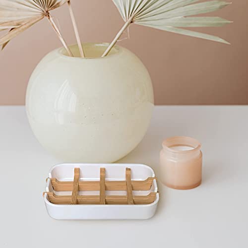 Aoheuo Bamboo Fiber Soap Dish with Removable Drain Tray, White Soap Holder