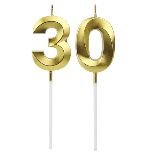Gold 30th Birthday Candles - Premium Number Cake Toppers