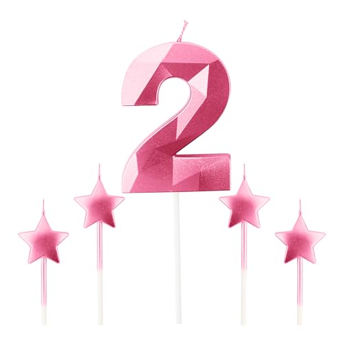 Pink Number 2 Birthday Candle and Star Cake Topper Set 3D Diamond Design