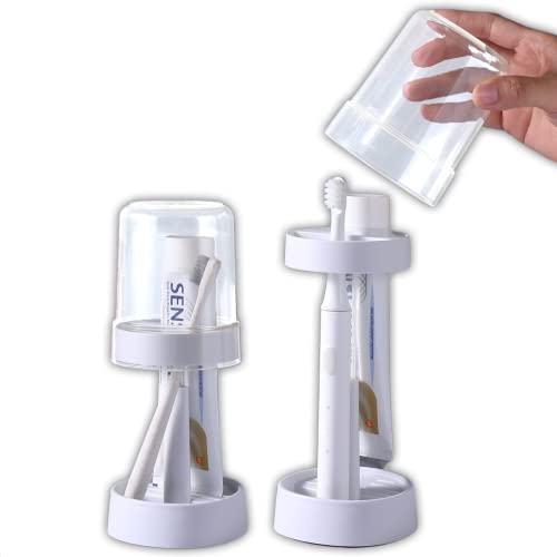 White Toothbrush Holder with Cup - 2 Slots for Electric & Manual Brushes