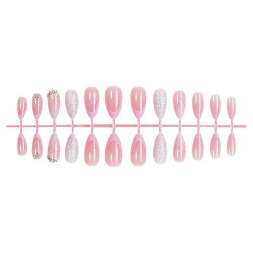 Valentine Press On Nails Medium Almond Pink Gradient Heart Rhinestone 24Pcs