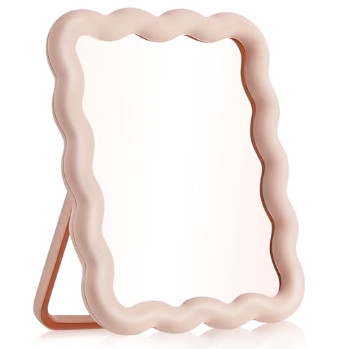 Wave-Shaped Pink Desk Mirror, Portable Folding Makeup Mirror 6.7x5.3 Inch