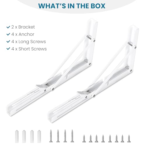 Paysky 8 Inch White Folding Shelf Brackets Set of 2 Heavy Duty Wall-Mounted Space Saving DIY