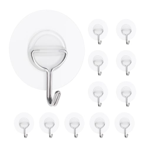 Heavy Duty Clear Adhesive Wall Hooks 12 Pack - Waterproof & Rustproof for Kitchen Bathroom & Indoor Use