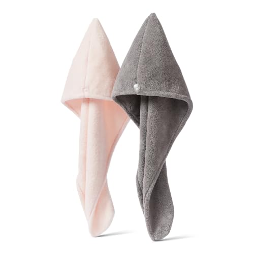 Amazon Basics Microfiber Hair Towel Wrap - Quick Dry, 2-Pack (Grey/Pink)