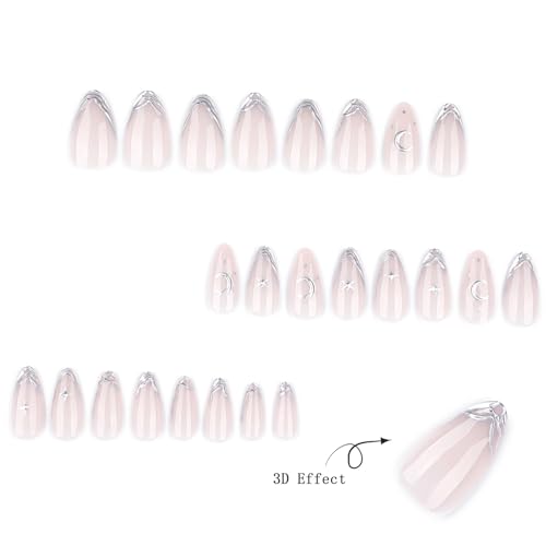 Almond Press On Nails Silver French Tip with 3D Star Designs Reusable