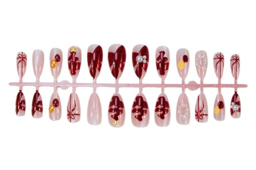 GRITOSE Pink Christmas Press on Nails Medium Almond 3D False Nails with Pearls & Glitter