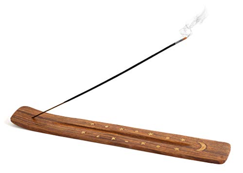Handmade Wooden Incense Holder with Brass Moon Inlay - 10"