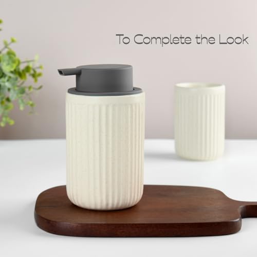 Speckled Beige Ceramic Soap Dispenser with Gray Silicone Pump