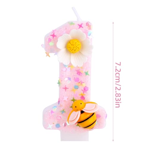1st Birthday Candle - Shiny Pink Flower Bee Number One Cake Topper (Style 1)