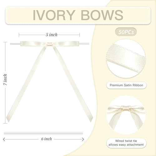 Ivory Satin Ribbon Bows with Twist Ties - 50 Pack, 5x7 Inch