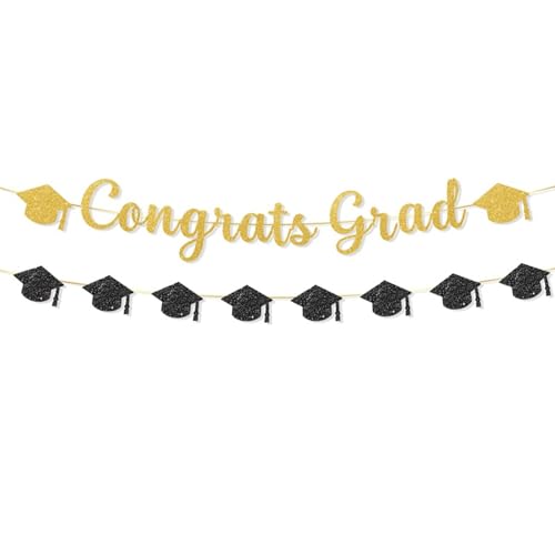 2026 Graduation Banner Set - Black & Gold Glitter Decor