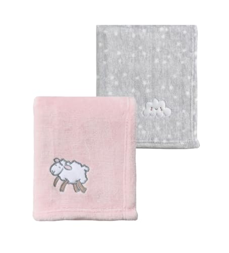 CREVENT 2-Piece Baby Blanket Set, 30x40 Flannel Fleece, Grey Cloud & Pink Sheep