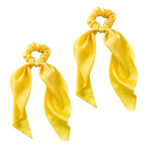 Yellow Satin Ribbon Bow Scrunchies 2-Pack Hair Ties for Ponytails