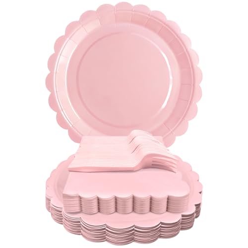 Pink Scalloped Paper Plates & Napkins Set for Parties - 25 Guests