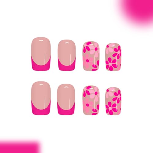 Short Square Press on Nails Rose Red Flower Glossy False Nails