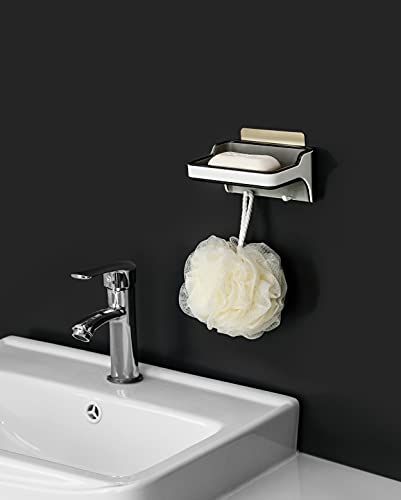 Mantto Adhesive Soap Holder with Hooks - Self-Draining Dish (White/Grey)