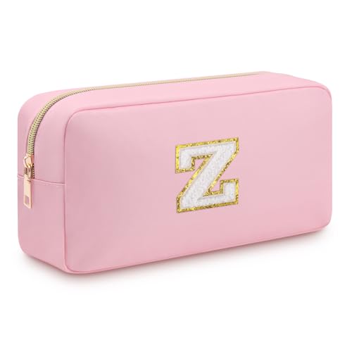 Pink Initial Makeup Bag with Glitter Letter Patch Travel Toiletry Pouch