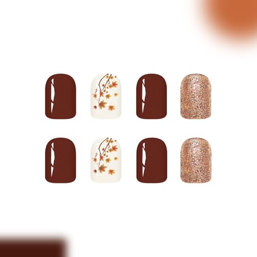Fall Maple Leaf Press on Nails Short Square Thanksgiving Fake Nails