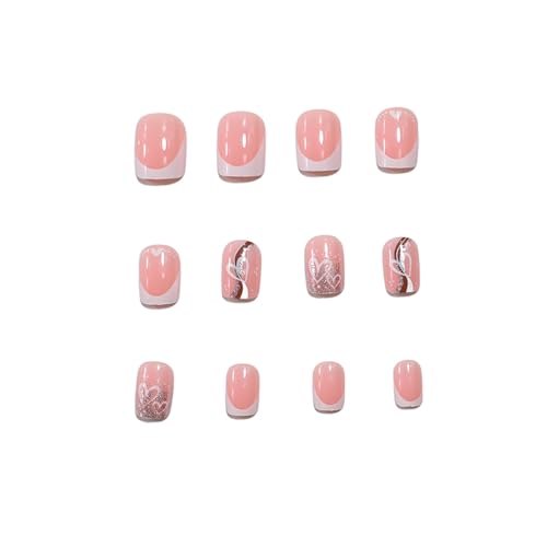 White French Tip Press on Nails Short Square False Nails with Hearts