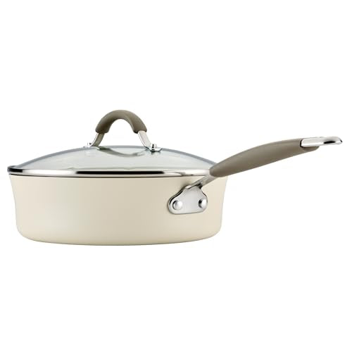 Rachael Ray Cucina Ceramic Nonstick Saute Pan with Lid, 3 Quart Non Stick Sauteuse Pan, Dishwasher Safe - Almond