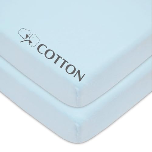 Blue Fitted Mini Crib Sheets - 2 Pack, 100% Cotton, 38x24"