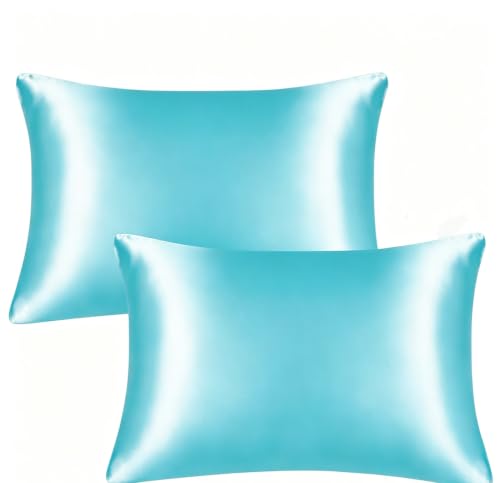 JUWENIN Satin Pillowcase Set of 2 - Standard Size, Aqua Blue with Zipper