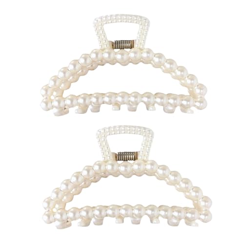 Zhuluck 2-Pack Large White Faux Pearl Hair Claw Clips for Thick Hair
