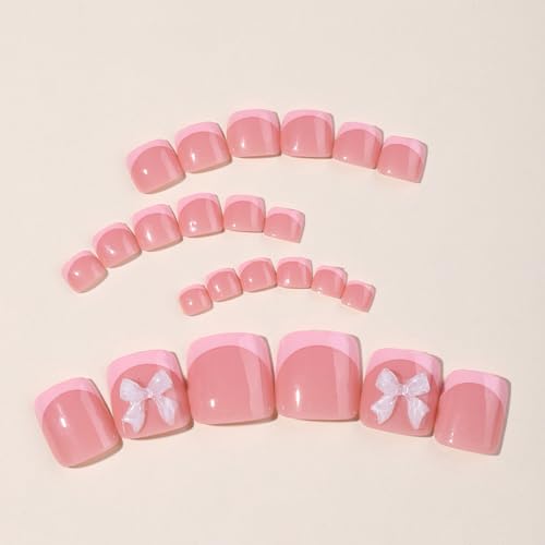 Pink French Tip Press On Toenails Short Square with Bow Charms 24Pcs