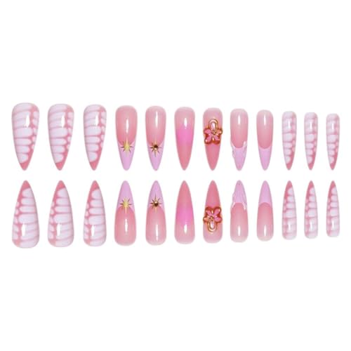 Teilihai Long French Tip Almond Press on Nails with 3D Flowers and Stars