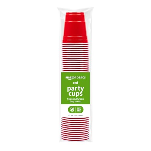 Amazon Basics 9oz Disposable Red Plastic Party Cups, 50-Count Pack