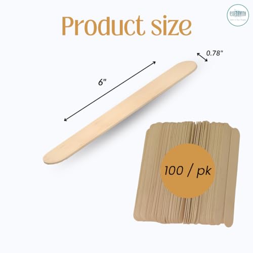 Essenavita Large Wooden Wax Sticks 100 Pack - 6" Birchwood Spatulas for Hair Removal