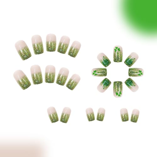 St. Patrick's Day Press on Nails Medium Square Green French Tip False Nails
