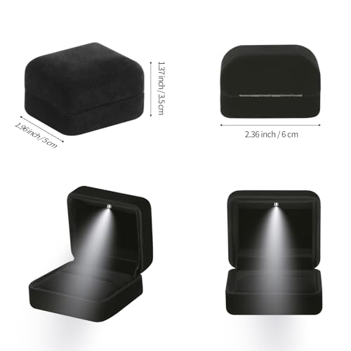 LETURE Black Glossy Jewelry Ring Box with LED Light - Velvet Gift Box for Engagement & Weddings