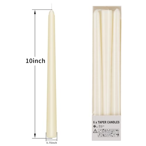 Ivory Taper Candles Set of 6 - 10 Inch Long Burn, Dripless & Unscented