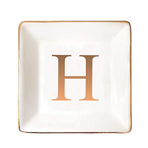 ANOTION Ceramic Jewelry Tray Ring Dish with Gold Initial Personalized Gift