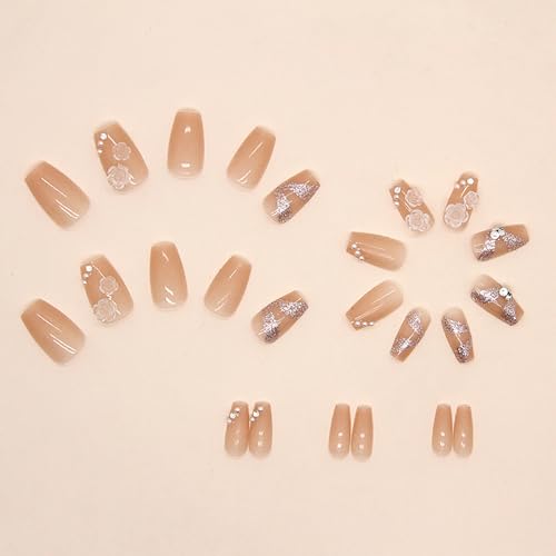 Press on Nails Medium Coffin Nude French Camellia Pearl False Nails