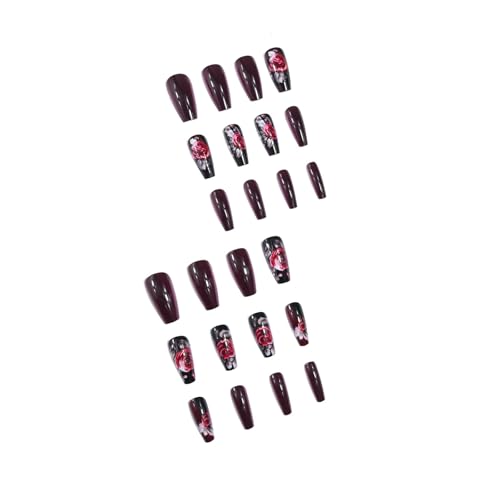 Dark Rose Press on Nails Medium Coffin Wine Red Y2K Acrylic Fake Nails Set